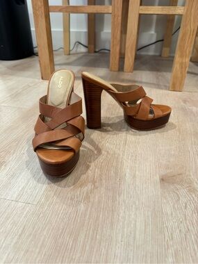 Aldo Cognac Crisscross Platform High Heel Mules